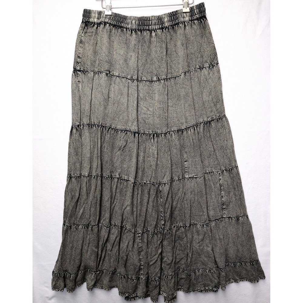 Acid Washed Tiered Grey Skirt Big Leg Slit Grunge Goth Renaissance Dark Boho XL - Picture 4 of 4